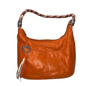 Brighton Barbados Orange pebbled Leather hobo Shoulder Bag Heart Charm Braided